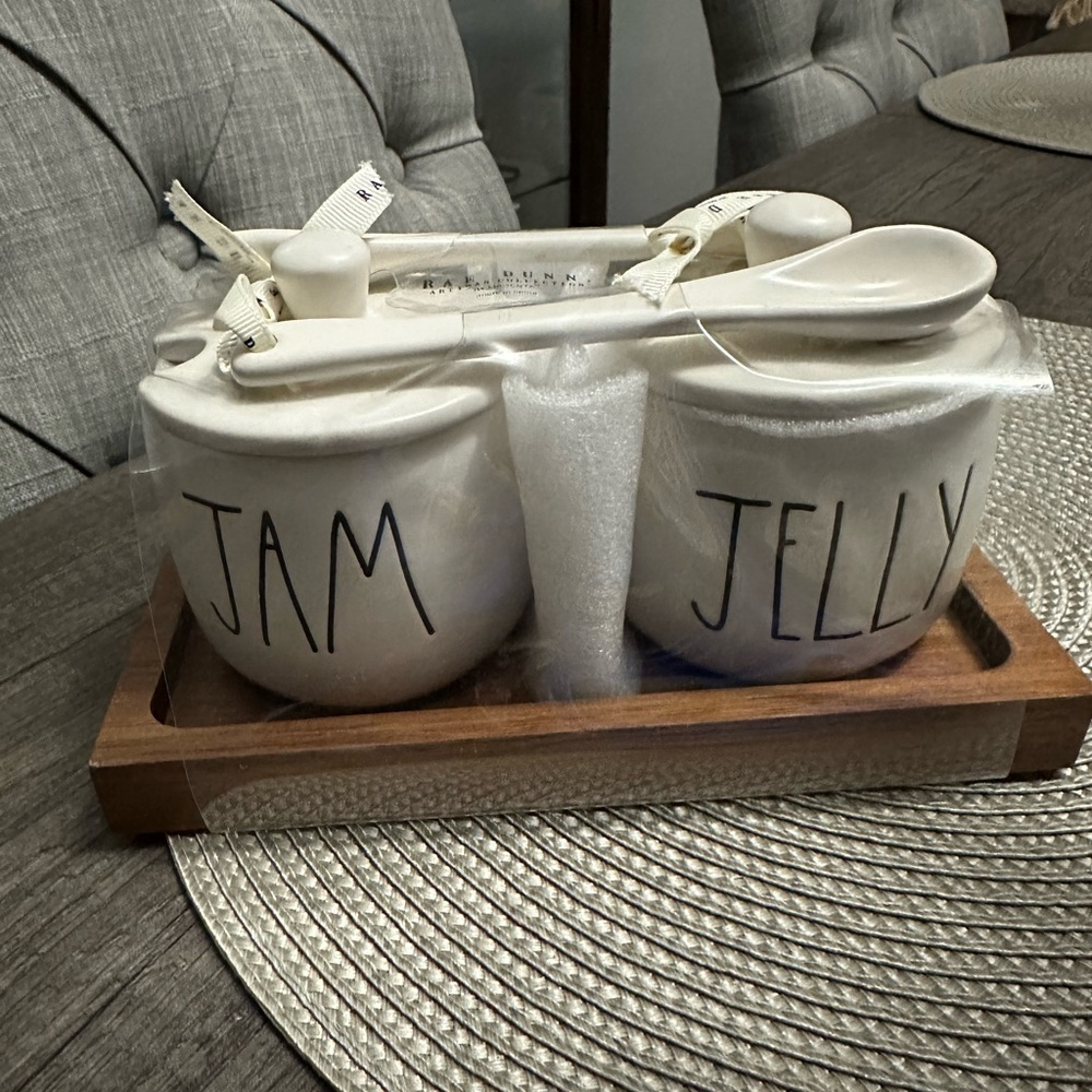 Rae Dunn - Jam and Jelly jar containers with spoons